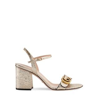 Metallic laminate leather mid-heel sandal